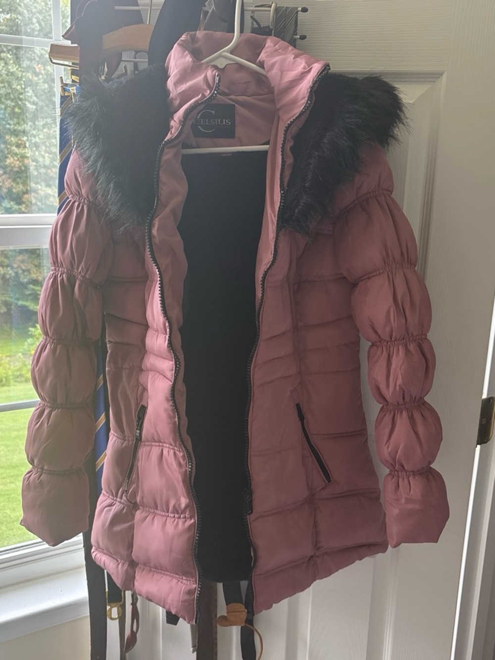 Women’s Pink Quilted Puffer Coat with Faux Fur Hood